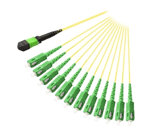 1M MTP/APC Female to 12 SC/APC Simplex Fanout Cable – OS2 Single Mode, 12 Fibers